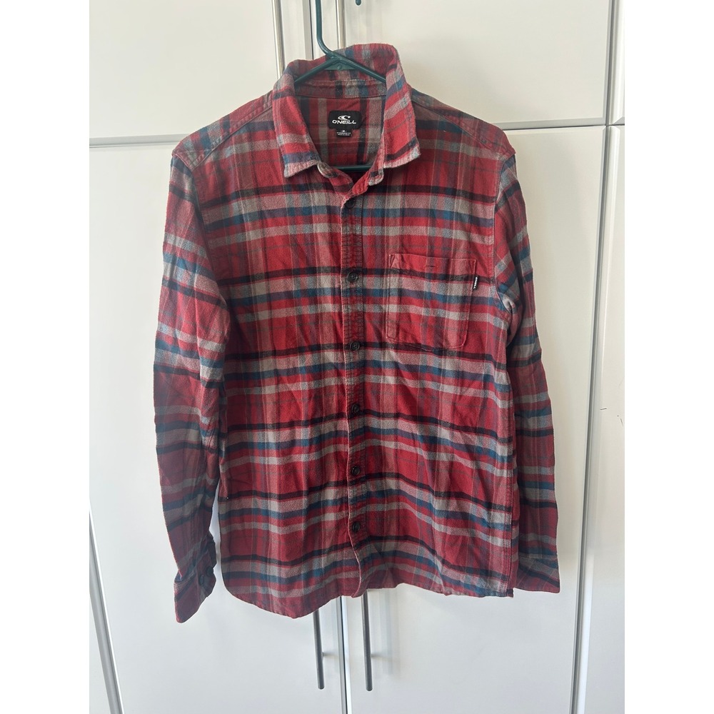 ONeill Mens Red Blue Plaid Flannel Button Down Shirt Standard Fit Medium